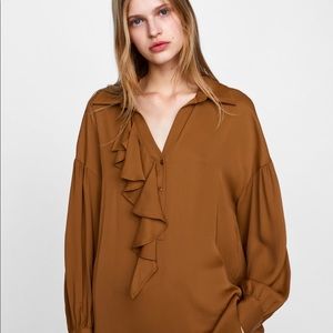 ZARA Long Ruffled Tunic - Silky Rust Orange Blouse